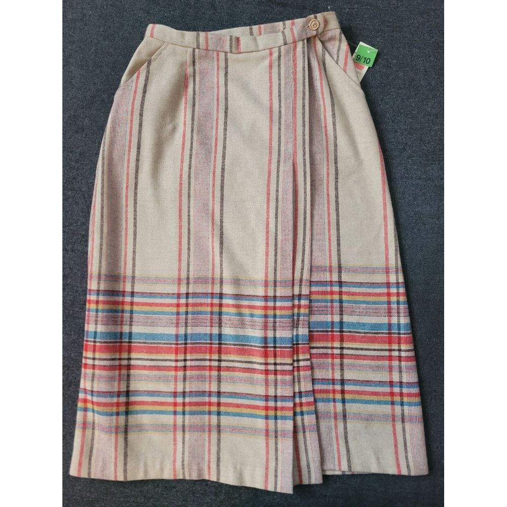 Vintage 70s Jc Penney Deadstock Knee Midi Skirt Wool Primary Colors Plaid‎